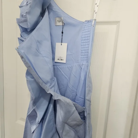 Aje  Adelia One-Shoulder Ruffled Dupioni-Trimmed Linen-Blend Midi Dress - Picture 5 of 9